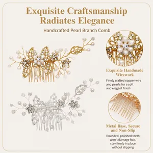 Macro detail showing handmade pearl and crystal floral design on gold and silver hair combs