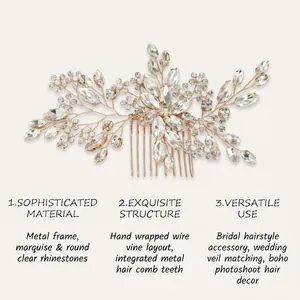 Detailed view of handmade crystal and pearl bridal hair comb with gold vine wire