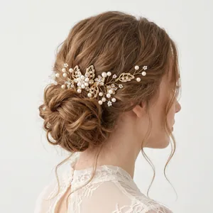 Elegant gold bridal hair comb with pearls and crystals for wedding updo hairstyles