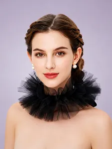Close-up view of a French vintage black ruffled mesh collar for gothic stage costumes