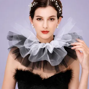 Halloween Clown Ruff Collar Black White Tulle Pleated Neck Ruffle Vintage Victorian Gothic Cosplay Stage Costume Accessory Women