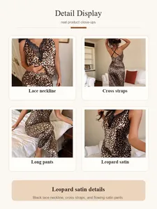 Detalle del conjunto de pijama de satén de leopardo con encaje y tirantes cruzados.
