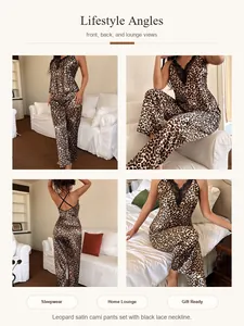 Vistas de estilo de vida del conjunto de pijama de satén de leopardo con encaje.