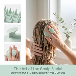 Close-up detail of ergonomic wheat straw scalp massager brush for deep cleansing in shower