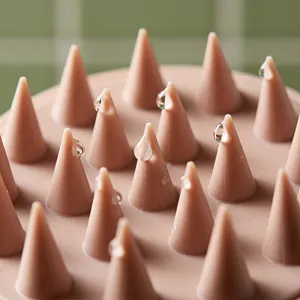Macro detail of soft silicone scalp massage brush bristles with clear water droplets.