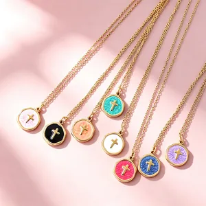 14K Gold Plated Stainless Steel Cross Pendant Necklace Colorful Enamel Round Coin Religious Jewelry For Women Christmas Gift