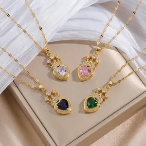 Collar Con Colgante de Corazón y Corona de Acero de Titanio Para Mujer Joyería Elegante de Fiesta Con Zirconia