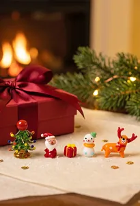 Macro view of handmade glass Christmas figurines set featuring Santa Claus and reindeer ornaments