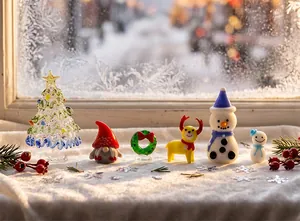 Collection of handmade Zibo glass Christmas figurines on a frosty window sill