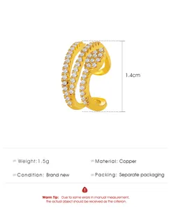 Specifications for the double-layered rhinestone-encrusted gold C-shaped ear cuff.
