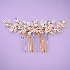 Elegante pettine per capelli da sposa con cristalli marquise su base in metallo oro rosa