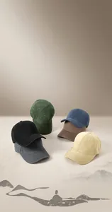 Detail view showing large cotton baseball caps with 21cm brim and 60-65cm head size
