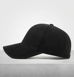 Detailed side view of black washed cotton baseball cap with 16cm crown depth dimension
