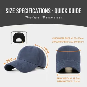 Adjustable washed cotton baseball cap featuring a sizing guide for large head circumferences