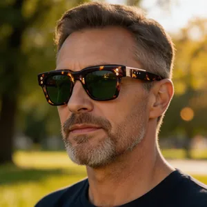 Detailed view of men's retro square tortoiseshell sunglasses with green lenses