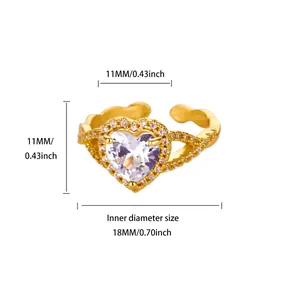Detailansicht des 18K vergoldeten Herz-Zirkonia-Rings mit Maßen in mm und Zoll