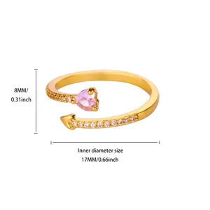 Detaillierte Größenangaben für den pinkfarbenen Herz-Zirkonia-Ring mit 18K Vergoldung