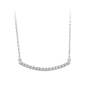 Detailed view of S925 sterling silver curved bar necklace with clear cubic zirconia