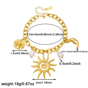 Detailed view of gold-plated charm bracelet with sun and moon pendants and size dimensions