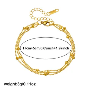 Detailed view of triple-layer gold bead bracelet with size and weight measurements