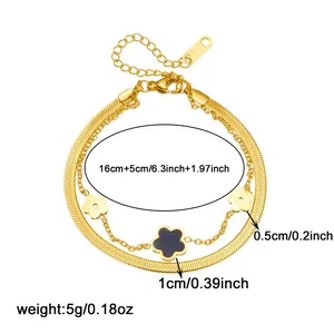 Gold plated stainless steel layered bracelet with black flower charm 16cm plus 5cm
