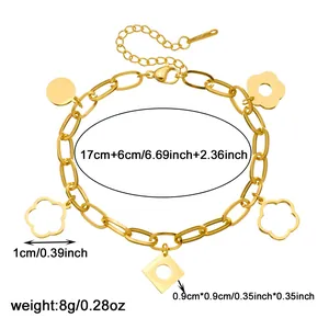 Gold plated stainless steel chain bracelet with floral charms and size measurements