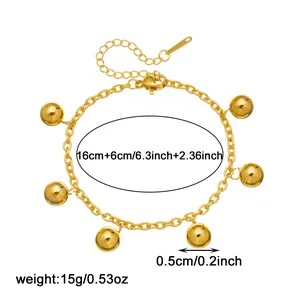 Gold-plated stainless steel bracelet with sphere charms showing dimensions and weight