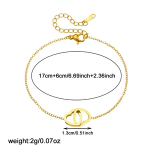 Detailed size and weight information for the gold-plated double-heart stainless steel bracelet.