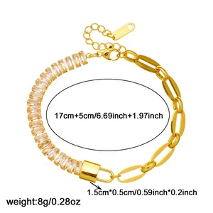 Detailed view of gold-plated bracelet featuring baguette crystals and link chain with dimensions.