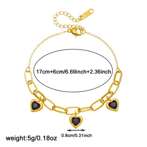 Detailed dimensions of gold-plated stainless steel bracelet with heart pendants.