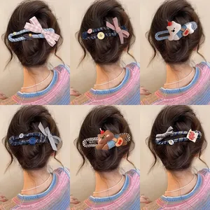 Detail view showcasing six different cute Korean style BB hair clip designs on a model