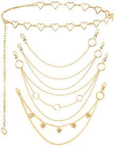 Detailansicht eines sechsteiligen goldenen Körperkettensets mit Herz- und Ringanhängern