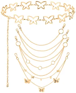 Set aus sechs goldenen Metall-Körperketten mit zarten Schmetterlingsanhängern und Ringen