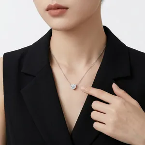 Elegant S925 silver necklace featuring a heart-shaped moissanite pendant on a female model.