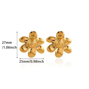 Detailed view of gold-plated camellia flower stud earrings with size measurements.