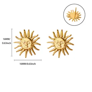 Detailed view of sun face gold stud earrings with size measurements in mm and inches