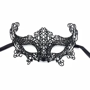 Detail showing dimensions of a black lace masquerade mask for Halloween parties.