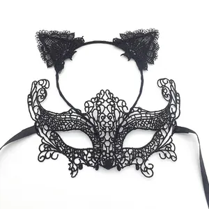 Detailed view of sexy black lace masquerade mask and matching cat ear headband