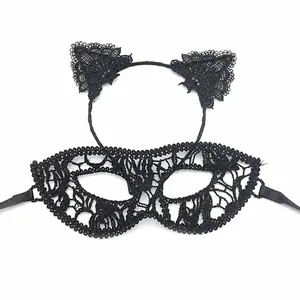 Close-up of sexy black lace cat ear headband and masquerade mask set with size details