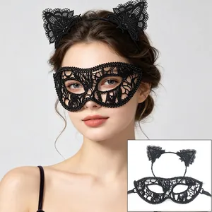 Elegant black lace cat ear headband with matching masquerade eye mask set for parties