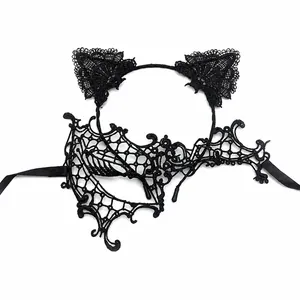 Detail of black lace cat ear headband and masquerade mask set for Halloween