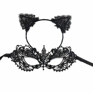Black lace cat ears headband and mask set with detailed size and weight information