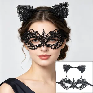 Elegant black lace masquerade mask and matching cat ear headband set for women
