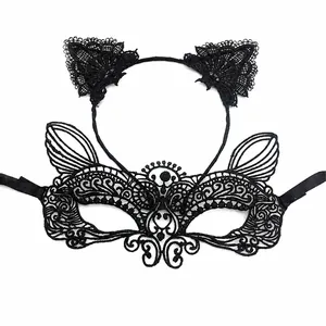 Detailed macro view of black lace masquerade mask and cat ear headband with dimensions
