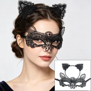 Detailed view of sexy black lace cat ear headband and masquerade mask set for parties