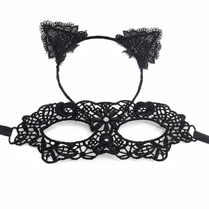 Detailed macro view showing the intricate black lace pattern of the masquerade cat mask set