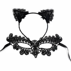 Lace cat ear headband and half face mask masquerade costume set details