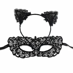 Elegant black lace masquerade mask with matching cat-ear headband for Halloween party