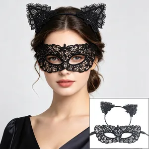 Detailed view of sexy black lace cat ear headband and masquerade half face mask set