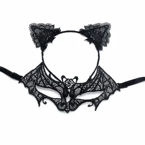Close-up of the black lace bat mask and cat ear headband set for Halloween party decor